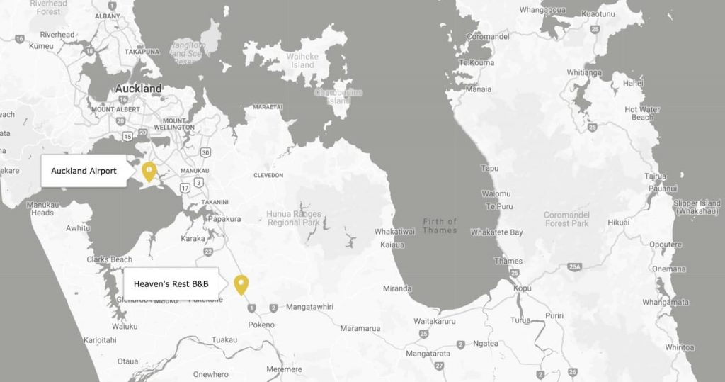 Map of South Auckland with Airport and Heaven's Rest B&B